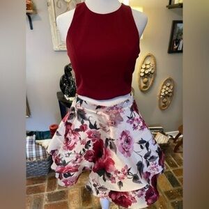 City Triangle 2 piece set with burgundy backless top & full pink floral skirt.